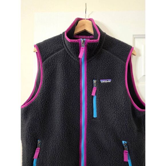 Patagonia Retro Pile Fleece Vest Full Zip Black Pink Blue Men’s Size M - Picture 2 of 9